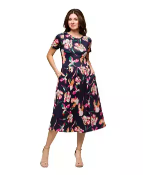 Женское синее платье миди с цветочным принтом, короткими рукавами, плиссированной кокеткой и карманами 24seven Comfort Apparel, мультиколор