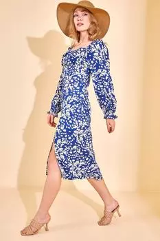 Женское синее платье с квадратным воротником Saks XHAN, темно-синий