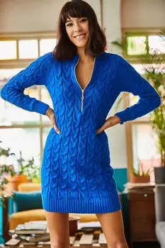 Женское синее плетеное трикотажное платье Saks на молнии Olalook, темно-синий