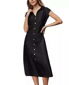 Женское синее пляжное платье макси на пуговицах спереди с воротником CUPSHE, черный