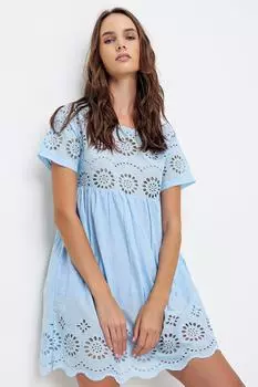 Женское синее тканое платье с фестонами на хлопковой подкладке Trend Alaat Stili, синий