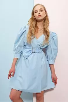 Женское синее тканое платье с поясом и объемными рукавами ALC-X8457 Trend Alaat Stili, синий