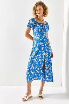 Женское синее вискозное платье миди с завязками и разрезами Saks Olalook, темно-синий