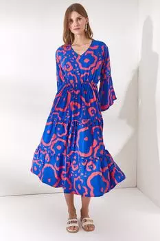 Женское синее вискозное платье Saks с v-образным вырезом Olalook, темно-синий