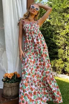 Женское сиреневое платье из поплина с цветочным узором и воланом на бретельках ALC-X8732 Trend Alaat Stili, фиолетовый