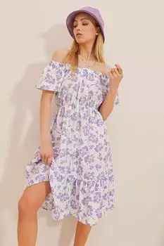 Женское сиреневое платье из поплина с воротником Мадонны и цветочным узором Trend Alaat Stili, фиолетовый