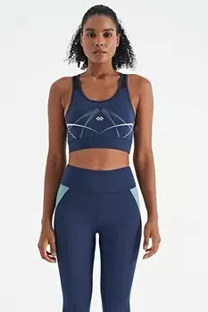 Женское спортивное бюстье приталенного кроя цвета индиго с принтом спереди и сзади с U-образным вырезом TOMMYLIFE