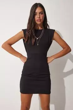 Женское стальное трикотажное мини-платье Saran с черными рукавами и деталями Happiness stanbul, черный