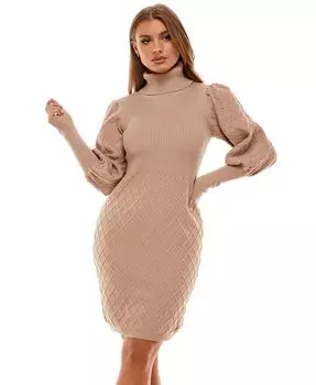 Женское стеганое платье-свитер с пышными рукавами Bebe, тан/бежевый