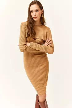 Женское светло-коричневое платье, болеро, вельветовый трикотаж, костюм Olalook, коричневый