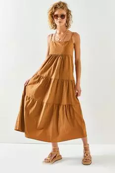 Женское светло-коричневое платье миди из хлопкового поплина на тонких бретелях Olalook, коричневый