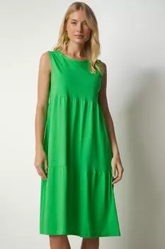 Женское светло-зеленое трикотажное платье без рукавов с воланами Happiness stanbul, темно-синий