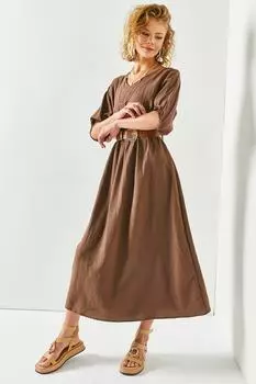 Женское свободное платье горько-коричневого цвета с v-образным вырезом и эластичной резинкой на талии Olalook, коричневый