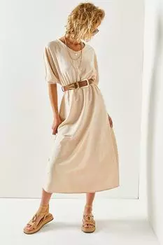 Женское свободное платье с v-образным вырезом и эластичной резинкой на талии Olalook, бежевый