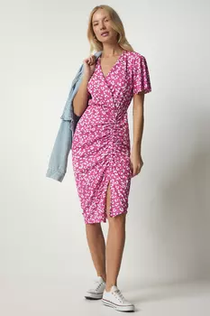 Женское темно-розовое летнее платье с цветочным воротником и запахом Happiness stanbul, розовый