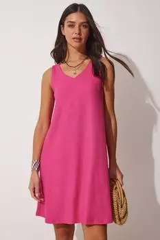 Женское темно-розовое летнее трикотажное платье с v-образным вырезом Happiness stanbul, розовый