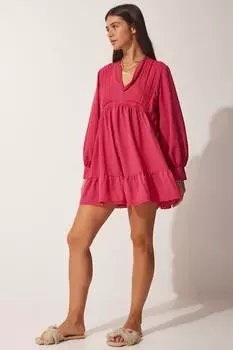 Женское темно-розовое платье-туника с деталями из гипюра Happiness stanbul, розовый