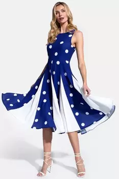 Женское темно-синее платье миди с контрастной плиссированной юбкой в горошек Hot Squash, синий