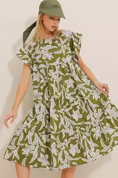 Женское темно-зеленое платье из поплина с круглым вырезом и воланами с цветочным узором Trend Alaat Stili, зеленый