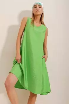 Женское тканое платье Aerobin фисташкового цвета с v-образным вырезом и двойными карманами Trend Alaat Stili, зеленый