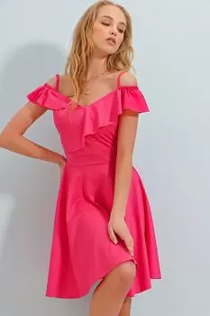Женское тканое платье из атласа с воротником фуксии и оборками, регулируемым веревочным ремнем ALC-X8283 Trend Alaat Stili, розовый