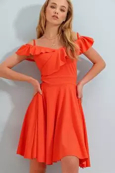 Женское тканое платье из атласа с оранжевым воротником и воланами, регулируемым веревочным ремнем ALC-X8283 Trend Alaat Stili, оранжевый