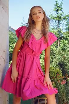 Женское тканое платье из поплина цвета фуксии с v-образным вырезом и воланом со скрытой молнией Trend Alaat Stili, розовый