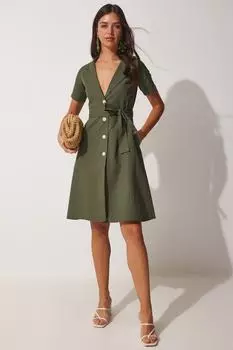 Женское тканое платье-рубашка цвета хаки с поясом Happiness stanbul