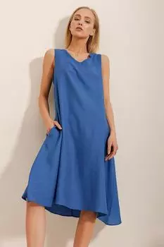 Женское тканое платье Saks с v-образным вырезом и двойными карманами Trend Alaat Stili, темно-синий