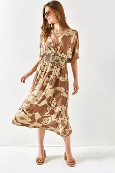 Женское тканое вискозное платье с двубортным воротником из норки с позументом на талии Olalook, коричневый