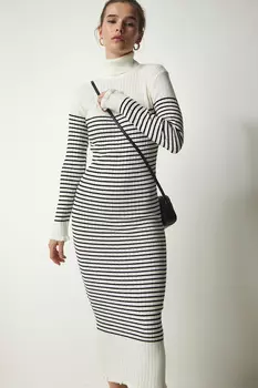 Женское трикотажное платье цвета экрю с водолазкой в полоску Happiness stanbul