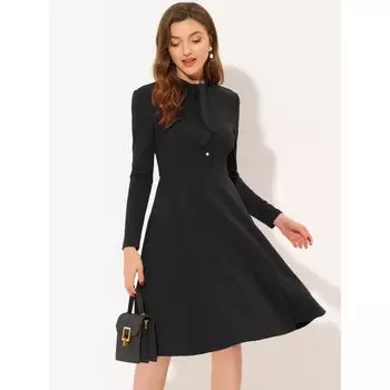 Женское трикотажное платье длиной до колена с длинными рукавами и завязками на шее ALLEGRA K, черный