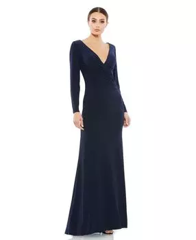 Женское трикотажное платье Ieena с длинными рукавами и рюшами и v-образным вырезом MAC DUGGAL