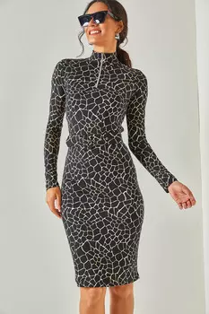 Женское трикотажное платье из вискозы черного цвета с рисунком, на молнии и с поясом Olalook, черный