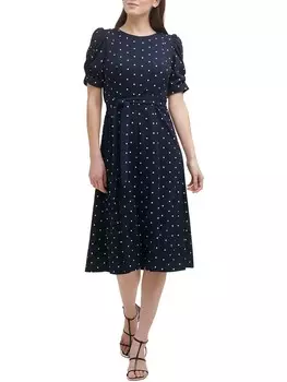 Женское трикотажное платье миди в горошек для миниатюрных размеров DKNY, темно-синий