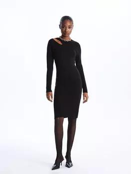 Женское трикотажное платье с длинным рукавом с круглым вырезом и окном LCW Vision