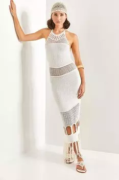 Женское трикотажное платье с кисточками с рисунком SHADE, белый