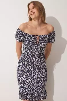 Женское трикотажное платье темно-синего цвета со сборками и воротником-кармен Happiness stanbul, разноцветный