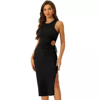 Женское трикотажное платье в рубчик с круглым вырезом и вырезом на талии с боковыми разрезами на бретелях без рукавов макси-платья ALLEGRA K, черный