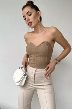 Женское укороченное бюстье бежевого цвета с воротником-стойкой и контрастной прострочкой Trend Alaat Stili, бежевый