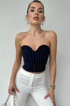 Женское укороченное бюстье темно-синего цвета с воротником-стойкой и контрастной прострочкой Trend Alaat Stili, темно-синий