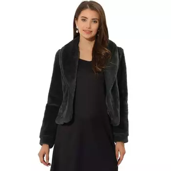 Женское укороченное флисовое пальто с длинными рукавами и зубчатыми лацканами и открытой передней частью ALLEGRA K, цвет Dark Grey