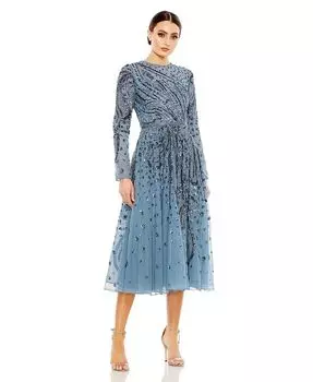 Женское украшенное иллюзионное платье с высоким воротником и длинными рукавами Mac Duggal, синий