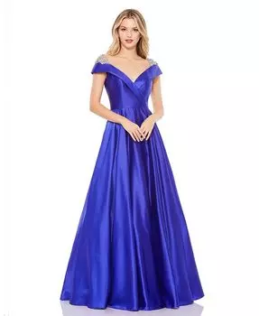 Женское украшенное платье с короткими рукавами и V-образным вырезом А-силуэта Mac Duggal, синий