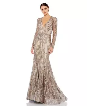 Женское украшенное платье-труба с длинными рукавами и глубоким вырезом MAC DUGGAL