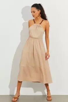 Женское ванильное платье миди с бусинами на бретелях NA9441 Cool & Sexy, бежевый