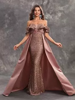 Женское вечернее платье Giffniseti с пайетками, рюшами/боковыми рюшами, открытыми плечами, без рукавов, пастельно-розовый