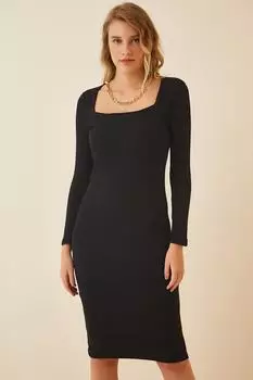 Женское вельветовое трикотажное платье черного цвета с квадратным воротником Happiness stanbul, черный