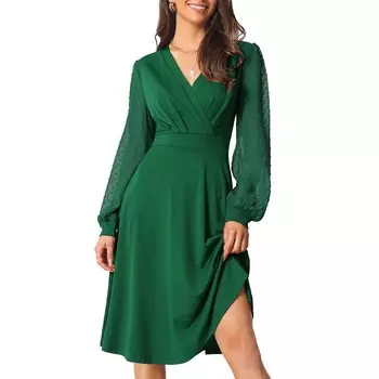 Женское весенне-осеннее свободное платье миди с v-образным вырезом и запахом в швейцарский горошек с рукавами-фонариками Seta T, зеленый