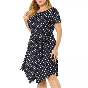 Женское весеннее платье в горошек с короткими рукавами и завязками на талии больших размеров Agnes Orinda, цвет Navy Blue